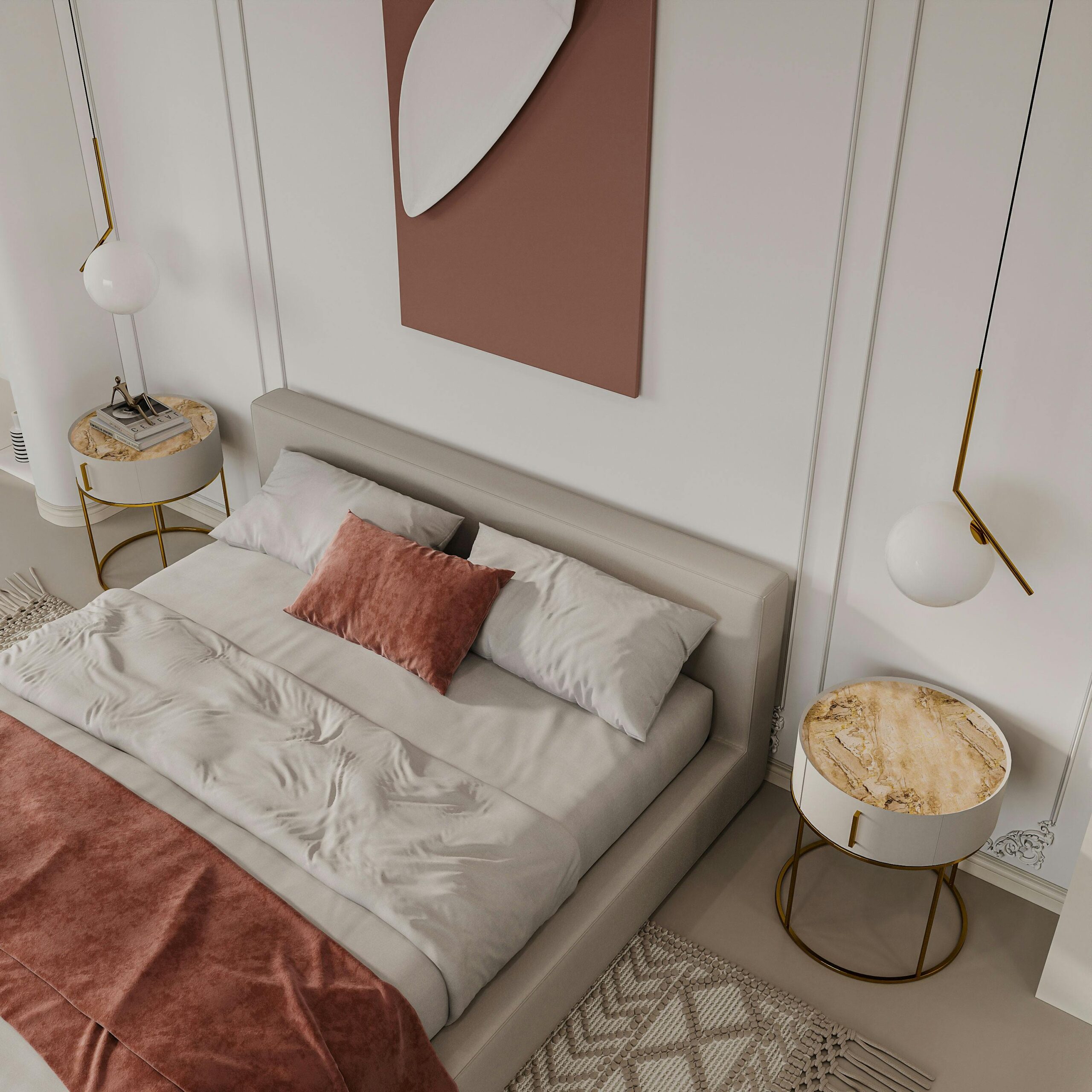 Elegant beige bedroom with modern decor and warm lighting, creating a cozy atmosphere.