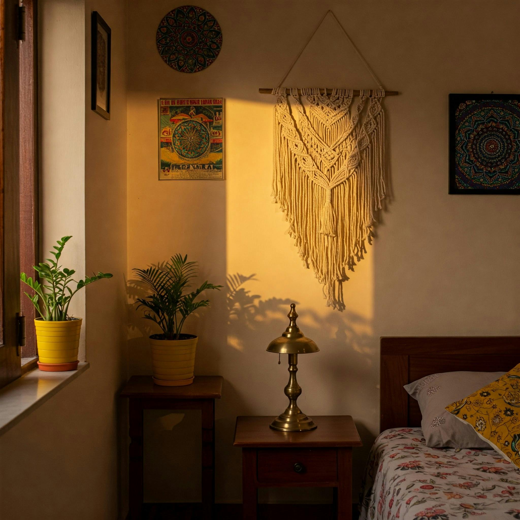 Cozy boho-style bedroom interior featuring macrame wall hanging and golden hour lighting.